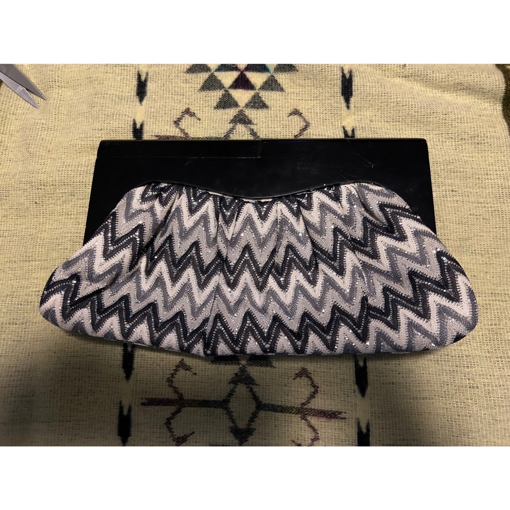 Poppie Jones Chevron‎ Sequin Evening Clutch Bag Black Silver Zigzag Frame Purse